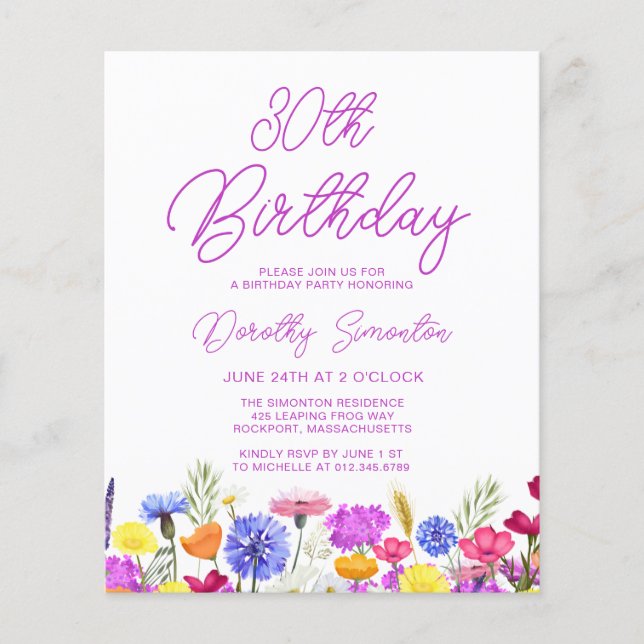 BUDGET 30th Birthday Purple Wildflower Invitation (Front)