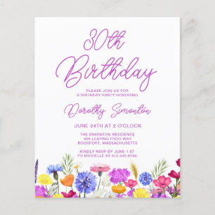 BUDGET 30th Birthday Purple Wildflower Invitation