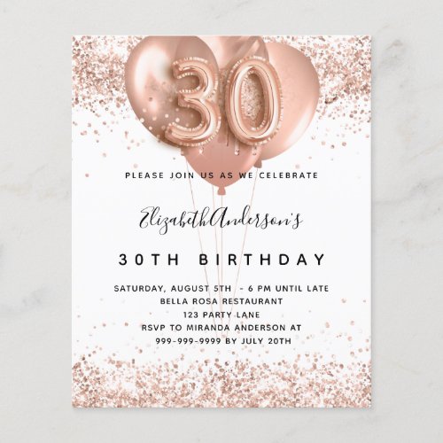 Budget 30th birthday rose gold balloons invitation