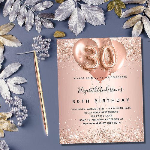 Budget 30th birthday rose gold balloons invitation