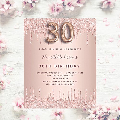Budget 30th Birthday rose gold glitter invitation