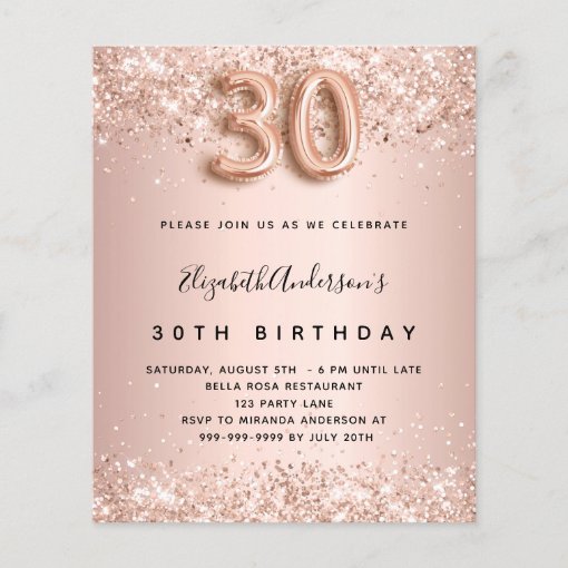 Budget 30th birthday rose gold glitter invitation | Zazzle