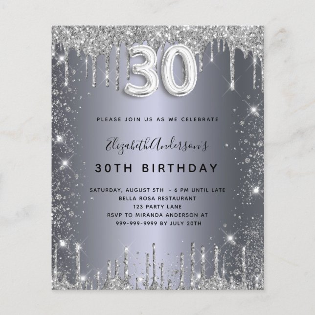 Budget 30th birthday silver glitter invitation (Front)