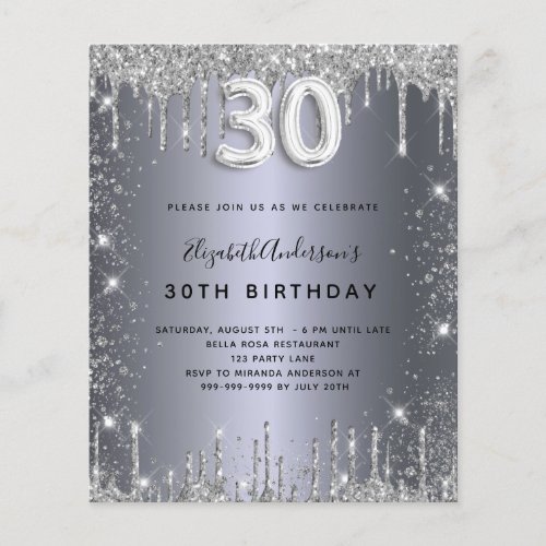 Budget 30th birthday silver glitter invitation