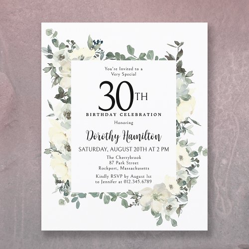 Budget 30th Birthday White Floral Invitation