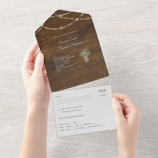 Budget 3 in 1 RUSTIC WOOD Wedding Invite  (Tearaway)