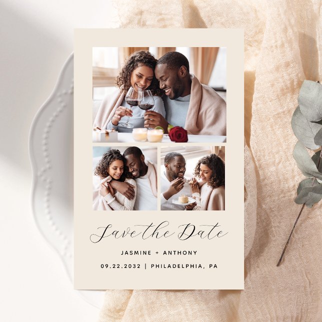 Budget 3-Photo Collage Beige Save the Date (Creator Uploaded)