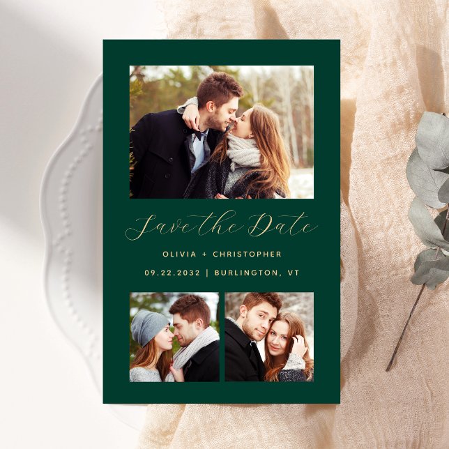 Budget 3-Photo Collage Green Save the Date (Creator Uploaded)