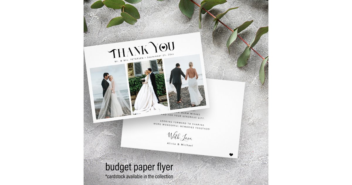 Budget 3 photo collage modern wedding thank you flyer | Zazzle