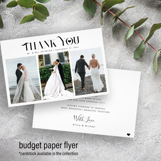 Budget 3 photo collage modern wedding thank you flyer | Zazzle