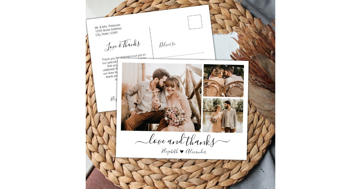 Budget 3 Photo Collage Wedding Thank You Postcard | Zazzle