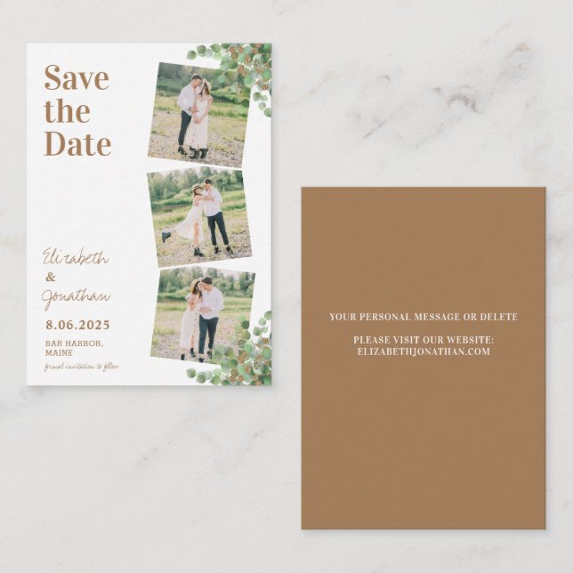 Budget 3 Photo Eucalyptus Wedding Save The Date Note Card (Front/Back)