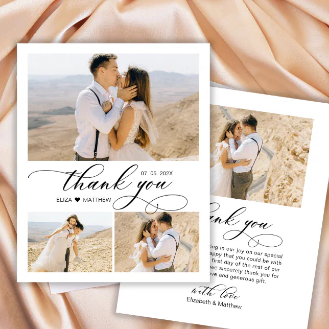Budget 3 Photo Script Heart Wedding Thank You Card | Zazzle