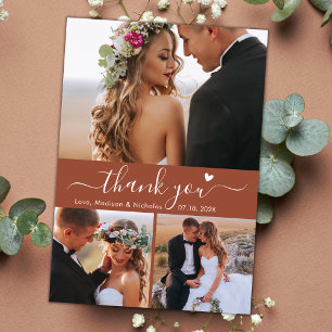Budget 3 Photo Terracotta Script Wedding Thank You Postcard