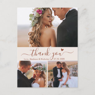 Budget 3 Photo Terracotta Script Wedding Thank You Postcard