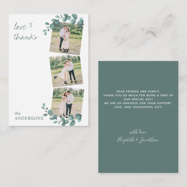 Budget 3 Photos Eucalyptus Wedding Thank You Note Card (Front/Back)