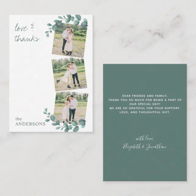Budget 3 Photos Eucalyptus Wedding Thank You Note Card | Zazzle