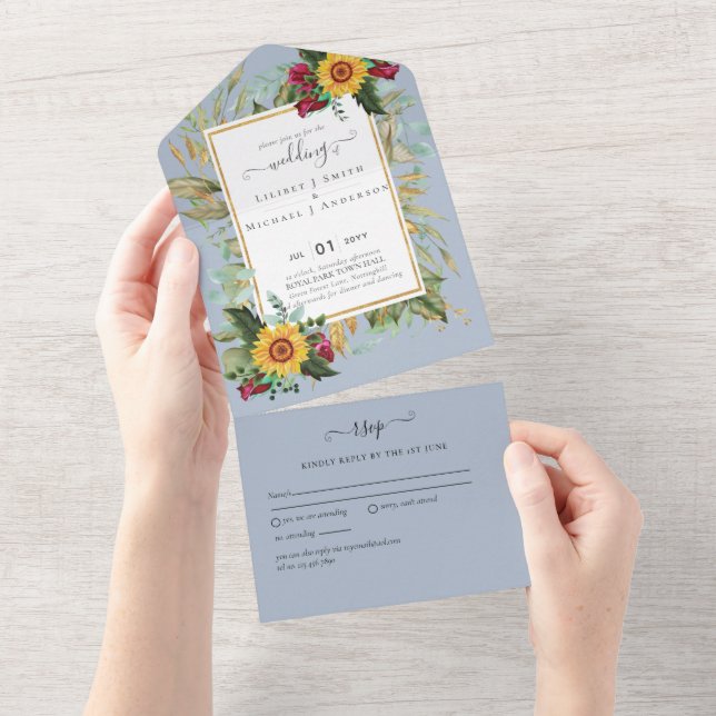 BUDGET 3in1 Burgundy Sunflowers Wedding RSVP All In One Invitation (Tearaway)