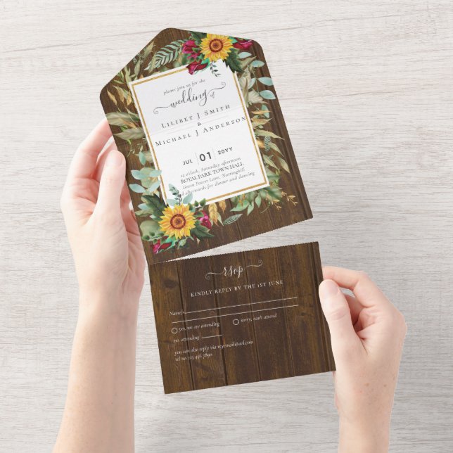 BUDGET 3in1 Burgundy Sunflowers Wedding RSVP All In One Invitation (Tearaway)