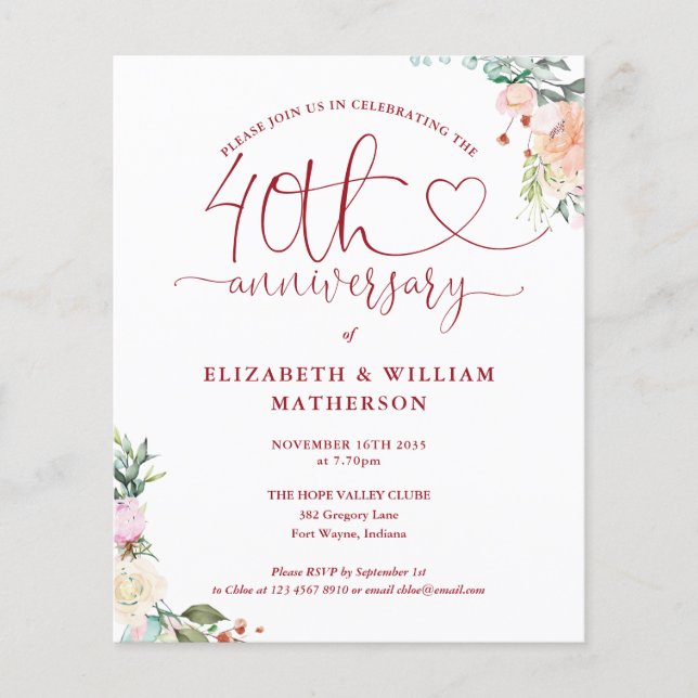 Budget 40th Anniversary Heart Floral Invitation (Front)