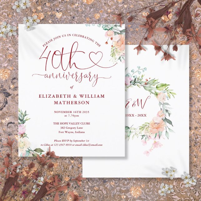 Budget 40th Anniversary Heart Floral Invitation (Budget 40th Anniversary Heart Floral Invitation)