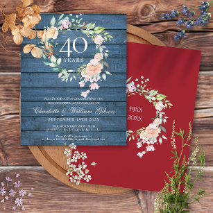 Budget 40th Anniversary Rustic Ruby Floral Invite