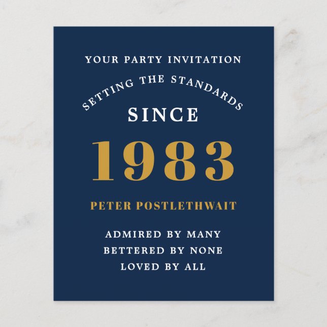 Budget 40th Birthday 1983 Invitation Blue Gold Flyer (Front)