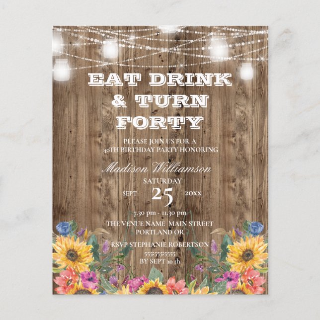  Budget 40th Birthday Barn Wood Sunflower & Lights (Front)