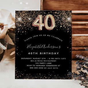 Budget 40th birthday black gold glitter invitation