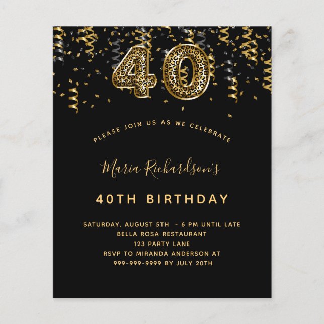 Budget 40th birthday black gold leopard party (Front)