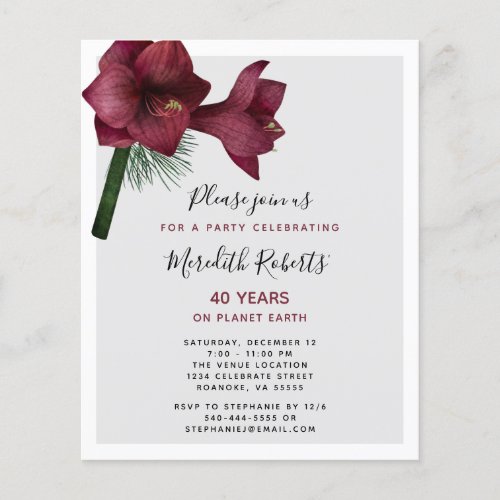 Budget 40th Birthday Christmas Floral Party Invite