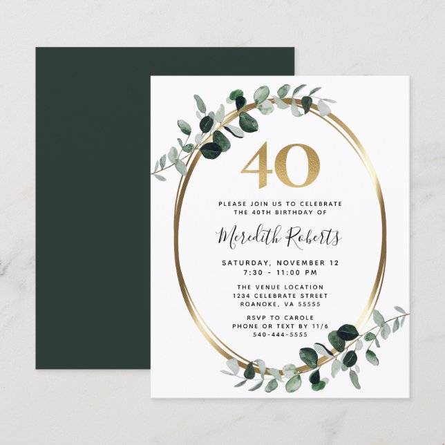 Budget 40th Birthday Eucalyptus Gold Party Invite (Front/Back)