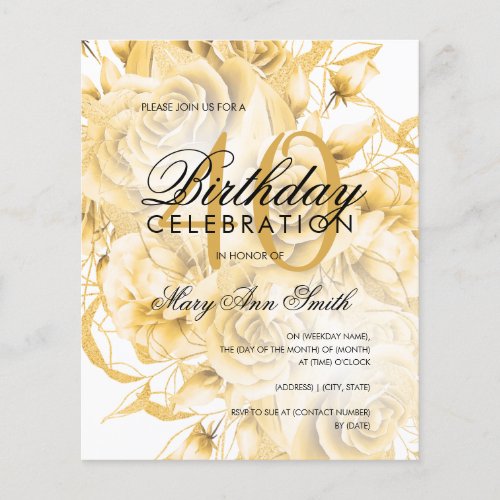Budget 40th Birthday Floral Gold Invite Flyer