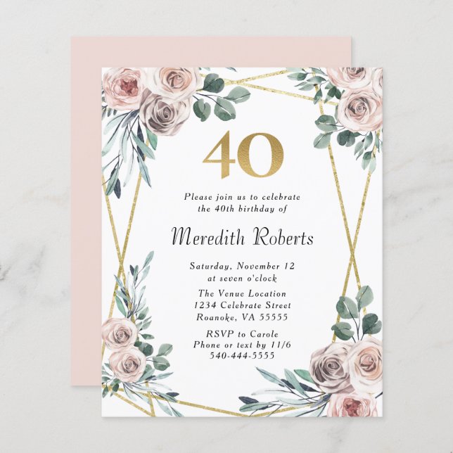Budget 40th Birthday Floral Gold Party Invite (Front/Back)