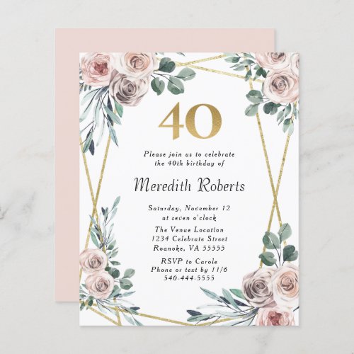 Budget 40th Birthday Floral Gold Party Invite