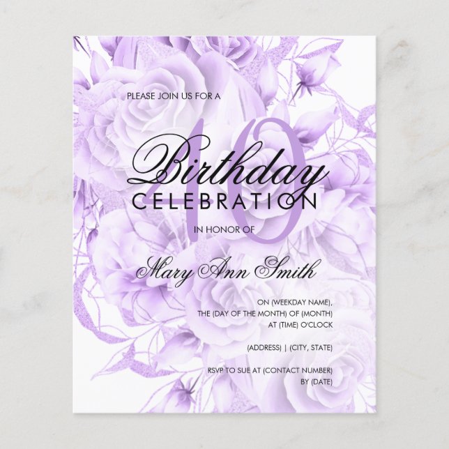 Budget 40th Birthday Floral Purple Invite Flyer (Front)