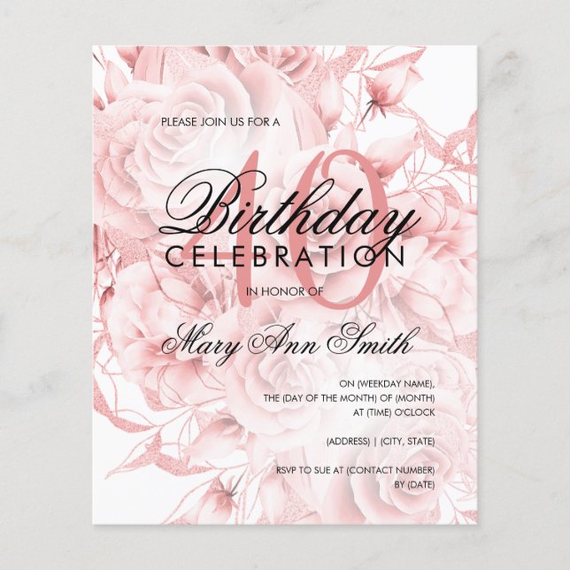 Budget 40th Birthday Floral Rose Gold Invite (Front)