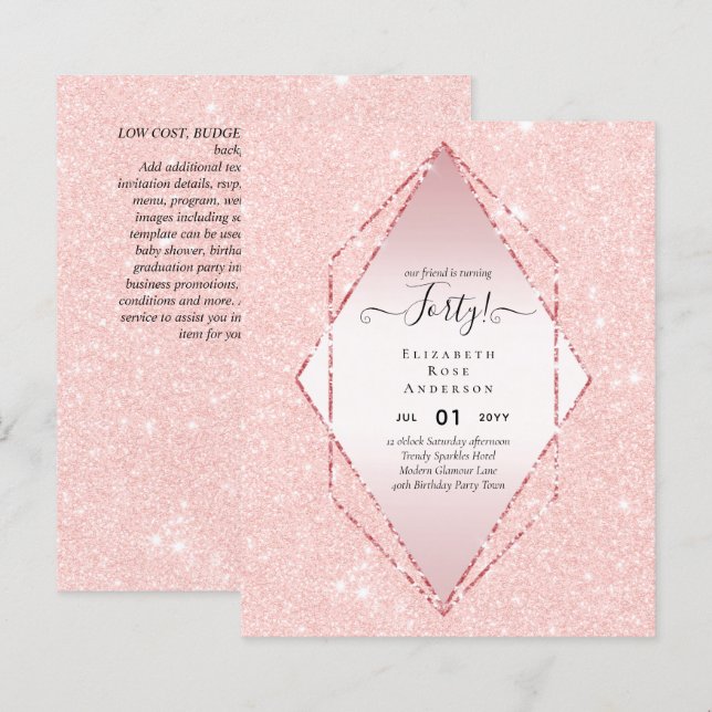 Budget 40th Birthday Glitter Foil Pink Girly (Front/Back)