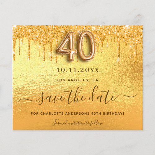 Budget 40th birthday gold glitter save the date