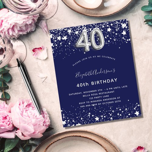 Budget 40th birthday navy blue silver invitation