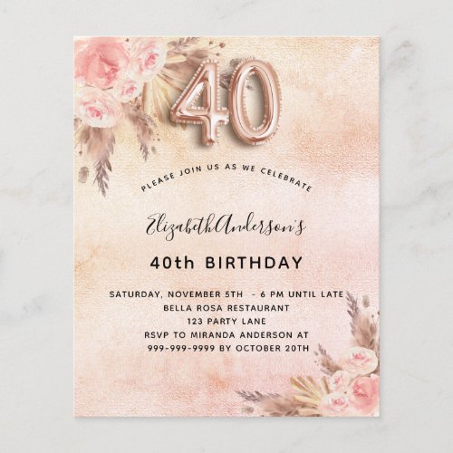 Budget 40th birthday pampas grass rose invitation