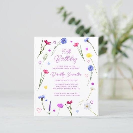 BUDGET 40th Birthday Party Wildflower Invitation (Standing Front)