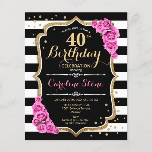 Budget 40th Birthday Pink Black White Invite Flyer