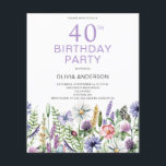 Budget 40th Birthday Purple Floral Invitation<br><div class="desc">Budget 40th birthday purple floral party invitation paper sheet.  Easy to change the text. Pretty watercolor wildflower design. The paper sheet is thinner than card paper.</div>