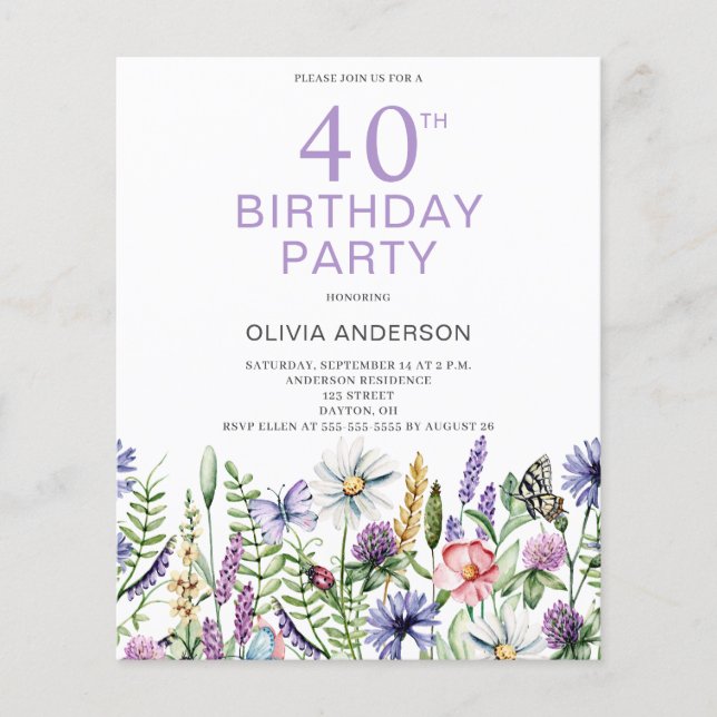 Budget 40th Birthday Purple Floral Invitation Flyer (Front)