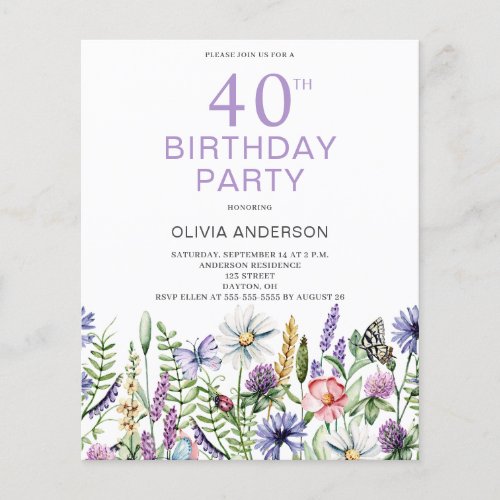 Budget 40th Birthday Purple Floral Invitation Flyer
