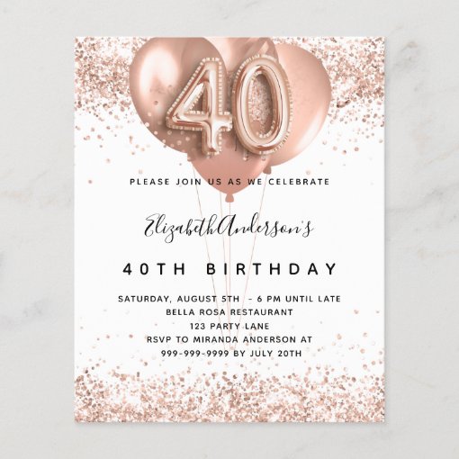 Budget 40th birthday rose gold balloons invitation | Zazzle