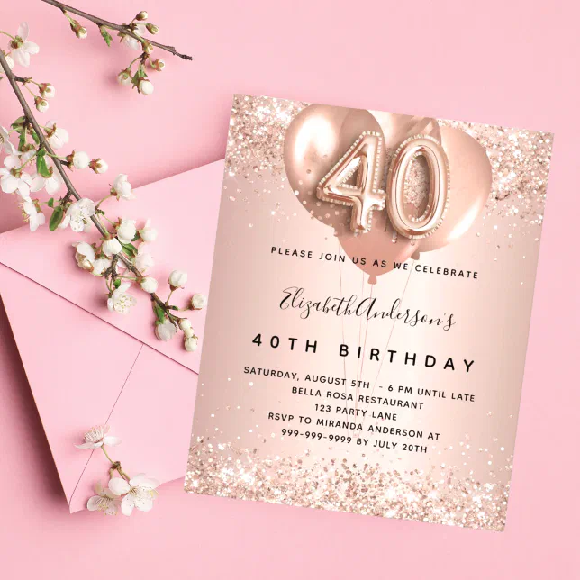 Budget 40th birthday rose gold balloons invitation | Zazzle