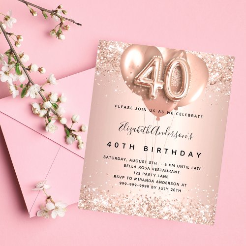 Budget 40th birthday rose gold balloons invitation