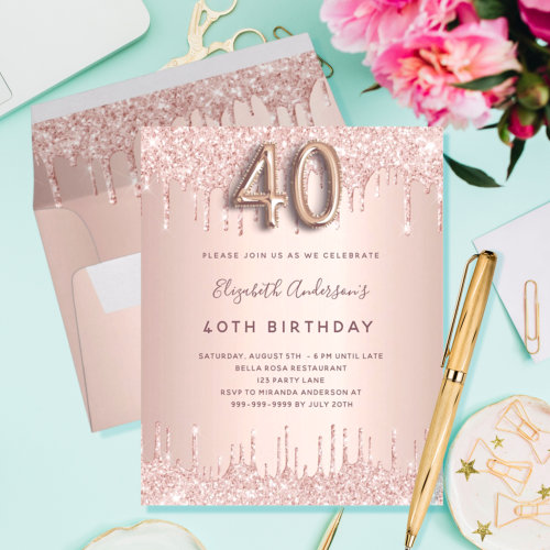 Budget 40th Birthday rose gold glitter drips pink 